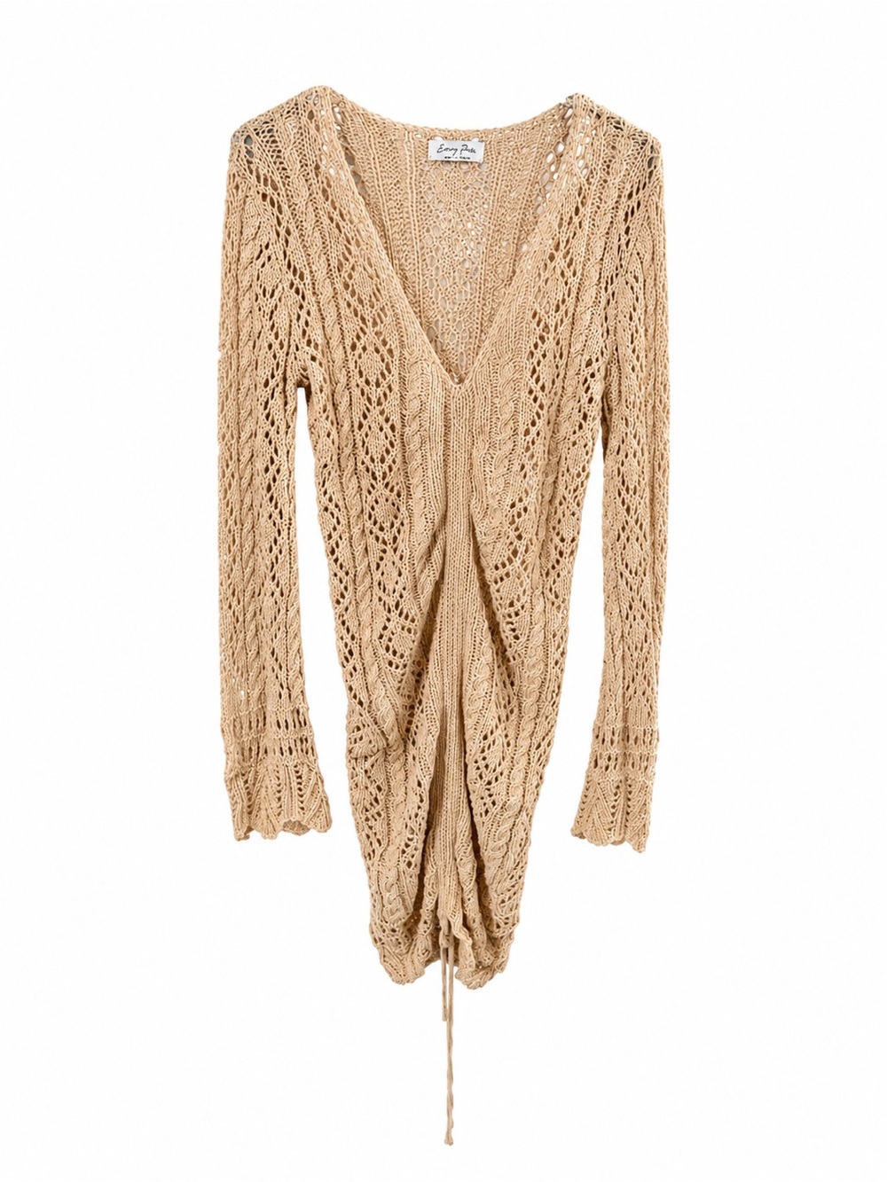 emory park Beige Crochet V-Neck Drawstring Sweater